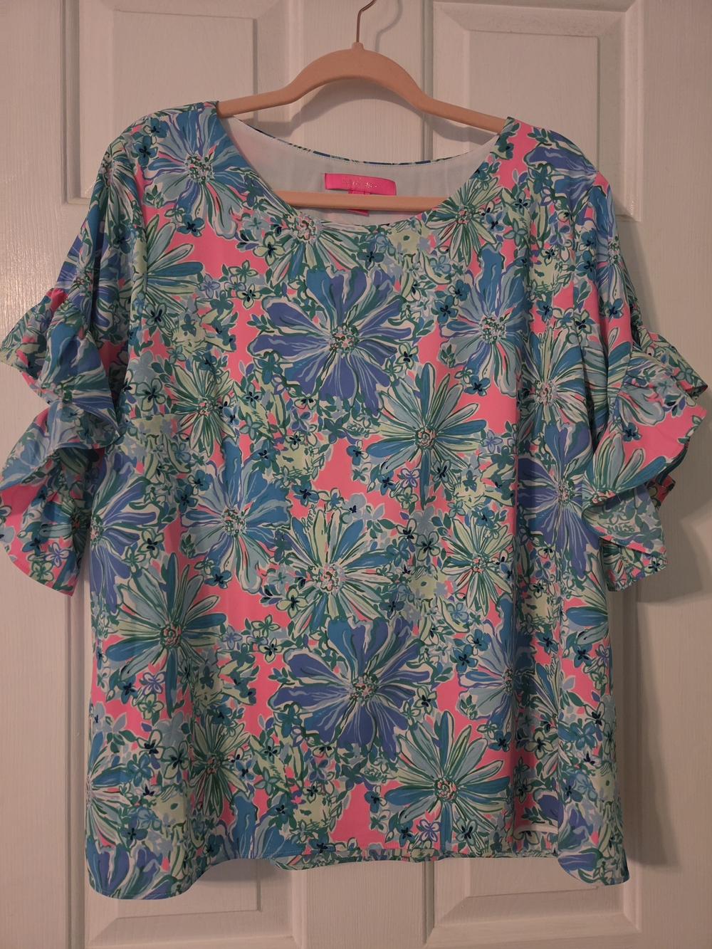 Lilly Pulitzer Pink Floral Ruffle Sleeve Top with Blue & Green Blooms